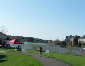 Running up to the finish line.