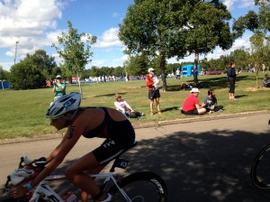 Watching the elite women's race, Sarah Haskins flying by on the bike.